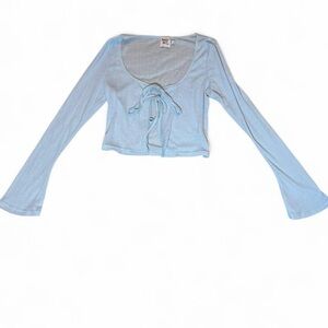 Princess Polly Light Blue Tie-Front Ribbed Long-Sleeve Crop Top
